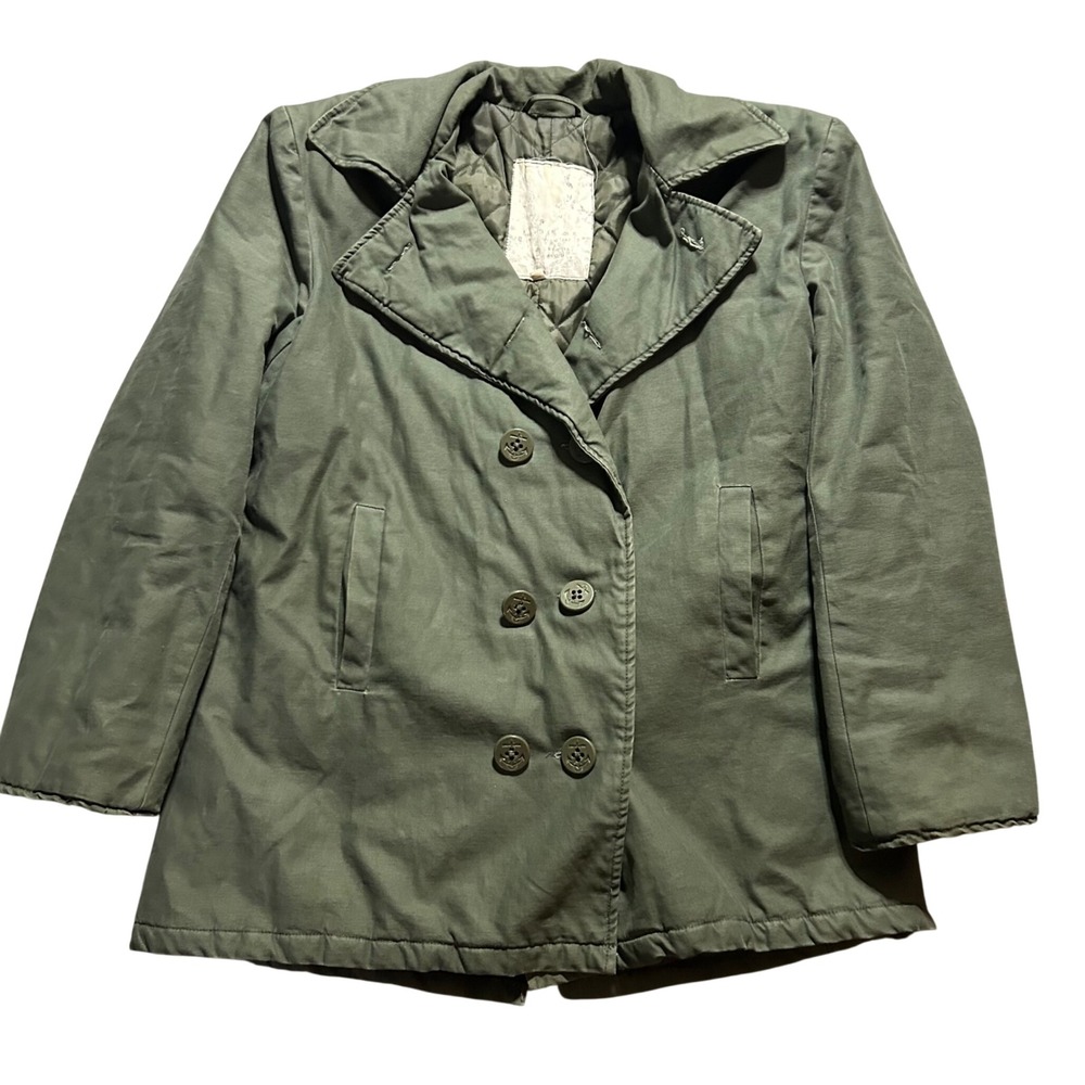 Military Style Field Coat Mens Small Olive Green Quilted Lining Anchor Buttons
